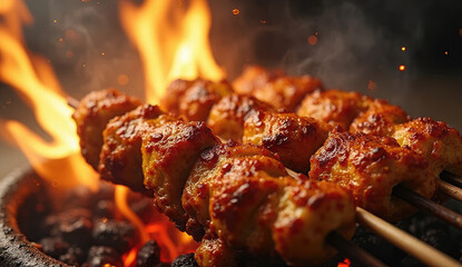 Delicious Chicken Skewers Grilling Over Hot Flames
