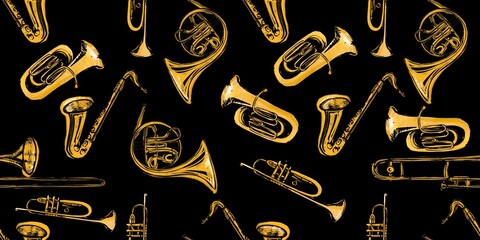 seamless pattern Of trumpet gold saxophone Musical Instruments Wind Instruments jazz Sketch line art isolated hand drawn on a black background © 7nov.studio