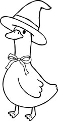 Halloween Silly Goose Wearing Witch Hat  Cartoon Hand Drawn Outline doodle