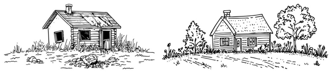 Country Houses and Cabins Hand Drawn Rural Landscape Vector