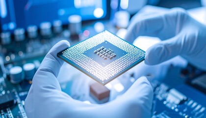 Gloved hands carefully hold a microchip above a circuit board, showcasing tech in a sterile environment