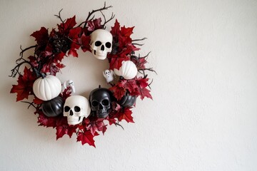 A decorative Halloween wreath, featuring white and black skulls, pumpkins, and red leaves, is displayed on a textured white wall.