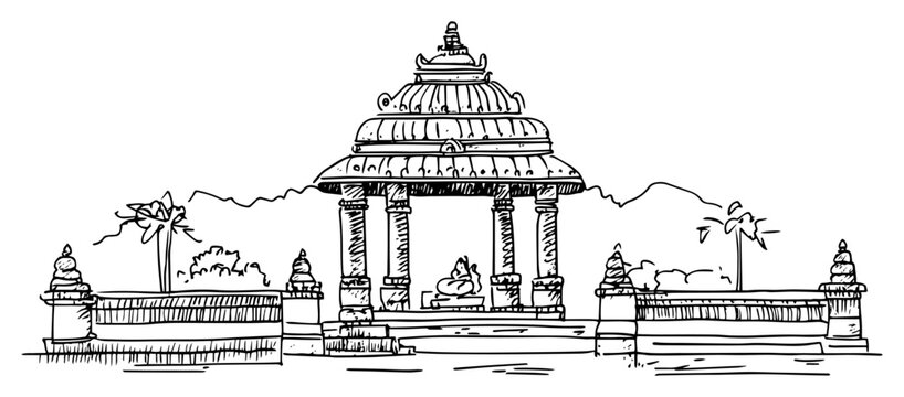 Indian Hindu Temple Mandapam Sketch Traditional Architecture black shape vector laser cutting engraving monochrome print
