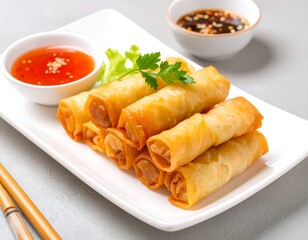 Golden spring rolls on a plate