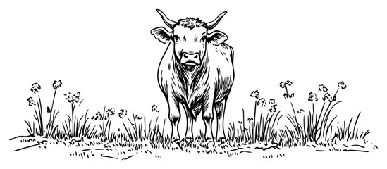 Cow in Meadow Hand Drawn Farm Animal Vector Illustration