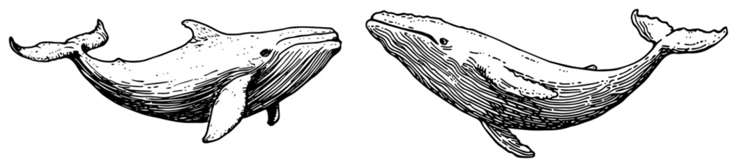 Vintage Hand Drawn Whales Engraving Style Illustration Set black shape vector laser cutting engraving monochrome print © Kaz