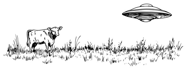 Alien UFO Abducting a Cow from a Farm Field Sketch black shape vector laser cutting engraving monochrome print © Kaz