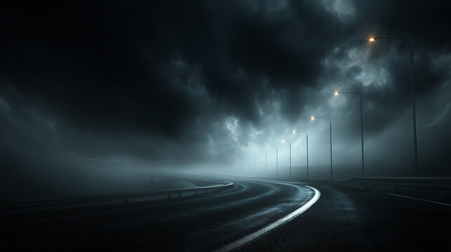 Dramatic asphalt road scene with dense, moody fog background for scary movies