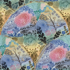 floral abstract shapes and pastel colors creates whimsical background 