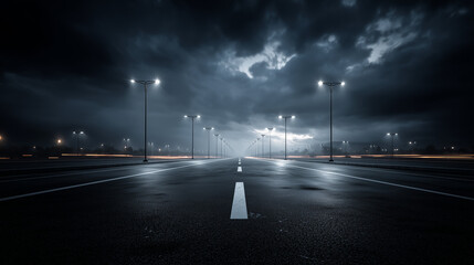 Dramatic asphalt road scene with dense, moody fog background for scary movies