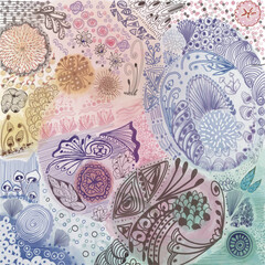 abstract floral and geometric elements in pastel color creates seamless artistic background with whimsical and playful mood