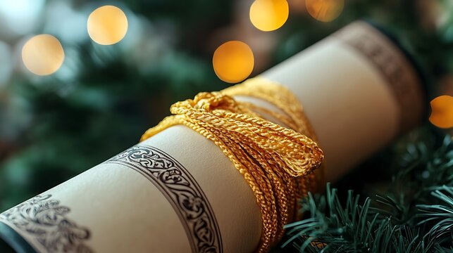 A rolled certificate tied with golden cord set against a festive background with bokeh lights
