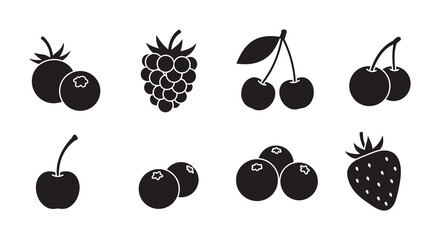 Simple black and white illustration featuring various types of berries and fruit