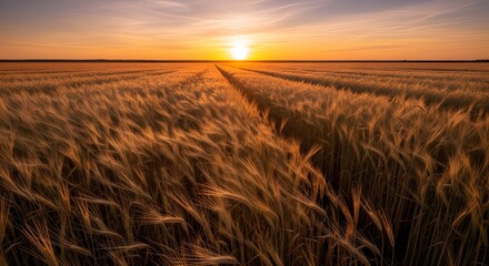 Obraz premium golden wheat field sunset landscape