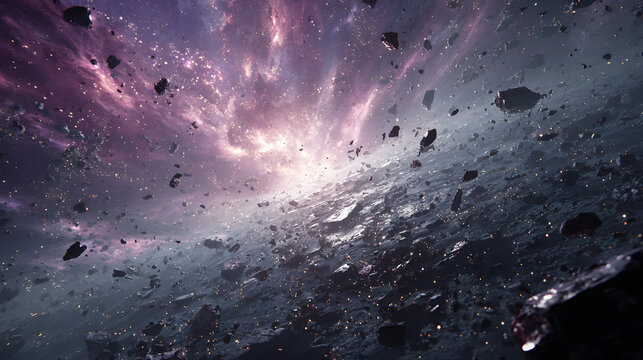 A wide cinematic view of shattered heavenly architecture adrift in a star-filled galactic void, illuminated by radiant divine light and looming cosmic shadows,