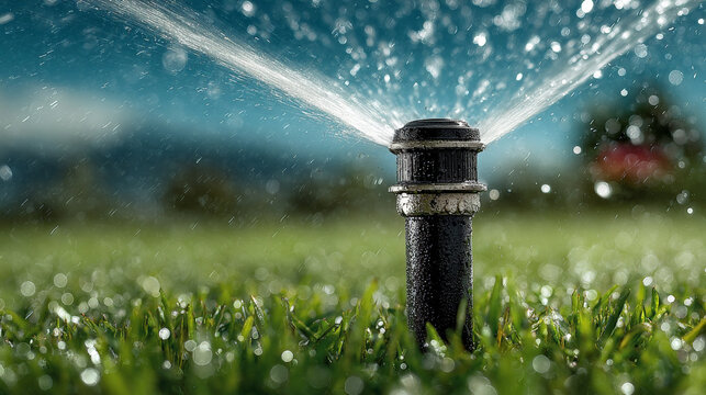 Close up action shot of an impact sprinkler head watering lush green lawn. automatic irrigation system sprays fresh water promoting healthy plant growth and vitality