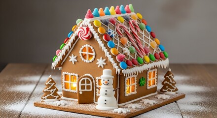 A festive gingerbread house decorated with colorful candies, icing, and a snowman for Christmas.