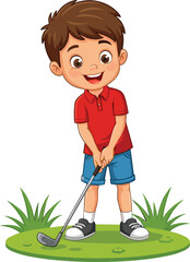 Young boy playing golf, outdoor sports activity, cheerful child, cartoon illustration, green grass, golf club, ball, fun, recreation, kids © Design_Pro