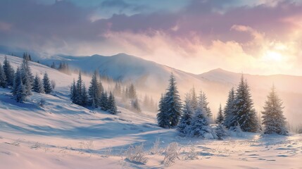 Snow - covered Mountain Landscape at Dawn with Frosty Pine Trees
