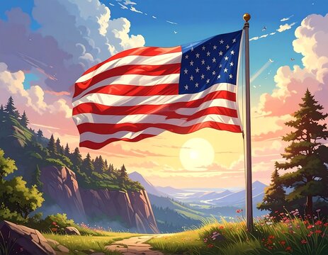 American flag waving over a scenic landscape at sunrise