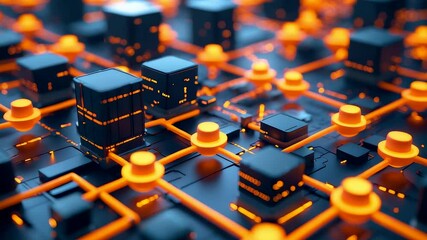 Abstract glowing circuit network with illuminated nodes and black cubes showing digital data flow, blockchain connection and modern technology grid - Powered by Adobe
