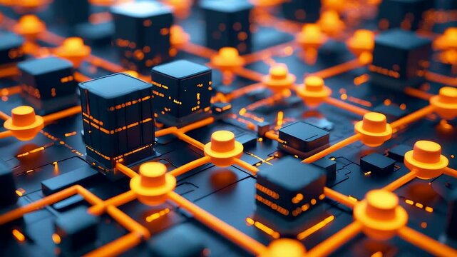 Abstract glowing circuit network with illuminated nodes and black cubes showing digital data flow, blockchain connection and modern technology grid - Powered by Adobe