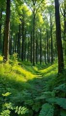 Obraz premium A serene forest scene with a narrow dirt path winding through tall, lush green trees. Sunlight filters gently through the dense canopy, casting soft beams of light and creating a tranquil atmosphere.