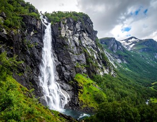 Majestic waterfall cascading down rocky mountains
