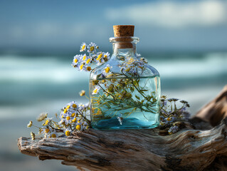 A serene scene featuring a glass bottle with flowers by the sea.