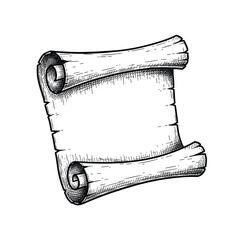 An ancient rolled parchment scroll with textured paper and curled ends ready for writing historical narratives or mystical prophecies.