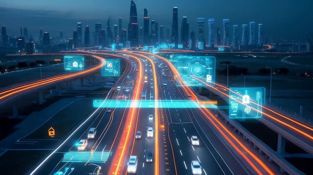 Night city highway with glowing digital traffic data overlays showing connected cars, smart transportation, and intelligent urban mobility