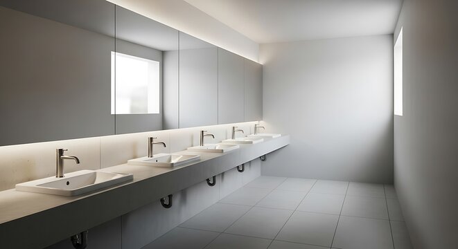 Photo of modern public restroom with sinks and mirror