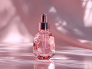 Elegant pink perfume bottle with a stylish geometric design.