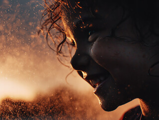 A joyful child smiling in a misty atmosphere at sunset.