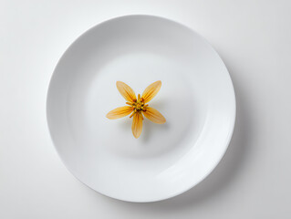 A delicate yellow flower on a white plate, showcasing nature's beauty.