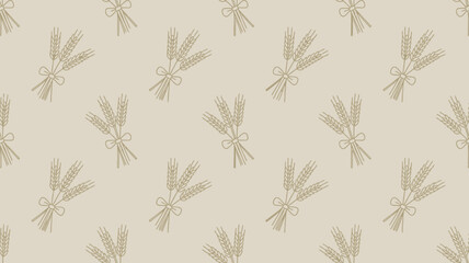 A repeating pattern of wheat sheaves tied with bows on a beige background creating a simple design