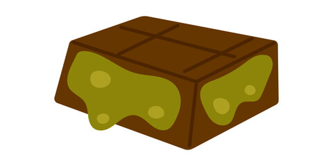 Vector piece of Dubai chocolate bar with pistachio filling isolated on white. Gourmet sweet dessert illustration for bakery menu, chocolate packaging, and confectionery branding.