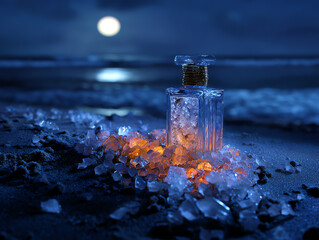A perfume bottle glows on the beach under a moonlit sky.