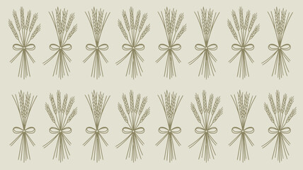 Repeated pattern of wheat sheaves tied with bows on a light beige background in a vintage style