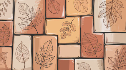 Illustration of autumn leaves on square and rectangular tiles in beige and brown tones pattern