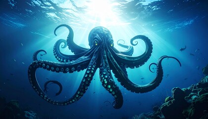 Majestic Octopus in Deep Blue Sunlit Ocean