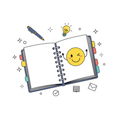 A delightful open journal with a cheerful emoji a pen and bright ideas.