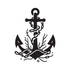 Anchor wrapped in kelp and chain vector silhouette outline logo design concept illustration