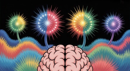 Vibrant mind sparks new ideas connecting creativity and logic in a colorful abstract landscape
