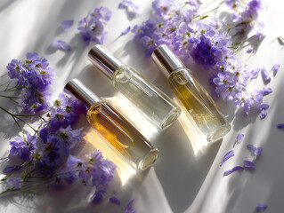 Elegant perfume bottles surrounded by delicate purple flowers.