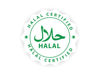 Green halal food certified label icon with Arabic calligraphy and halal assurance badge design