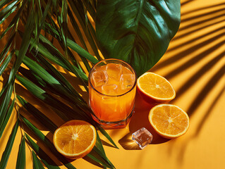 Refreshing orange drink with ice and tropical leaves on vibrant backdrop.