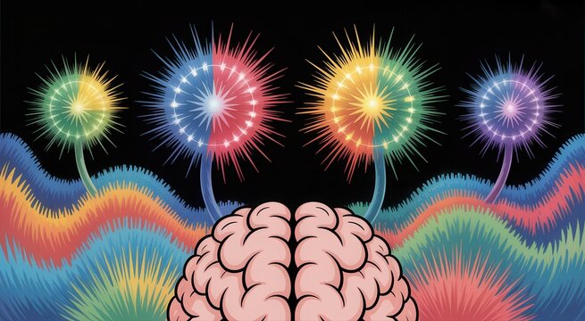 Vibrant mind sparks new ideas connecting creativity and logic in a colorful abstract landscape