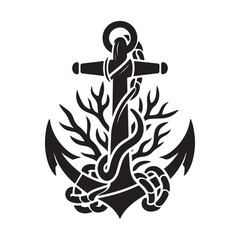 Anchor wrapped in kelp and chain vector silhouette outline logo design concept illustration