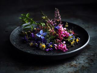 Colorful flowers arranged beautifully on a black plate.
